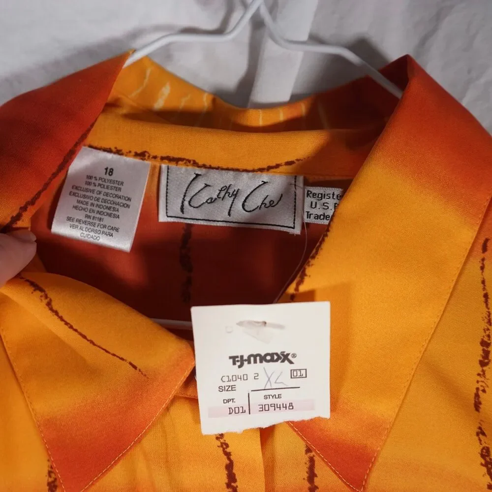 Vintage Kathy Che Button Up Shirt Women's Shoulder Pads Psychedelic Orange 18